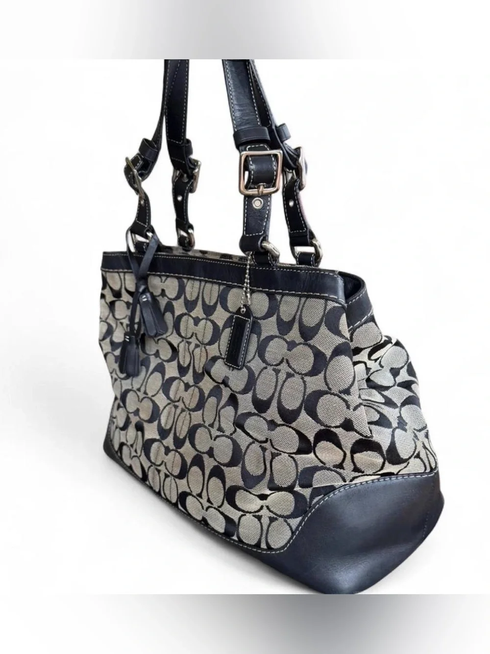 Coach Black and Gray Signature Jacquard Shoulder Bag & Coach Wristlet Bundle.